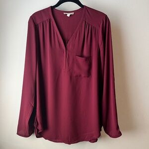 Pleione Long Sleeve Burgundy V-Neck Blouse Medium